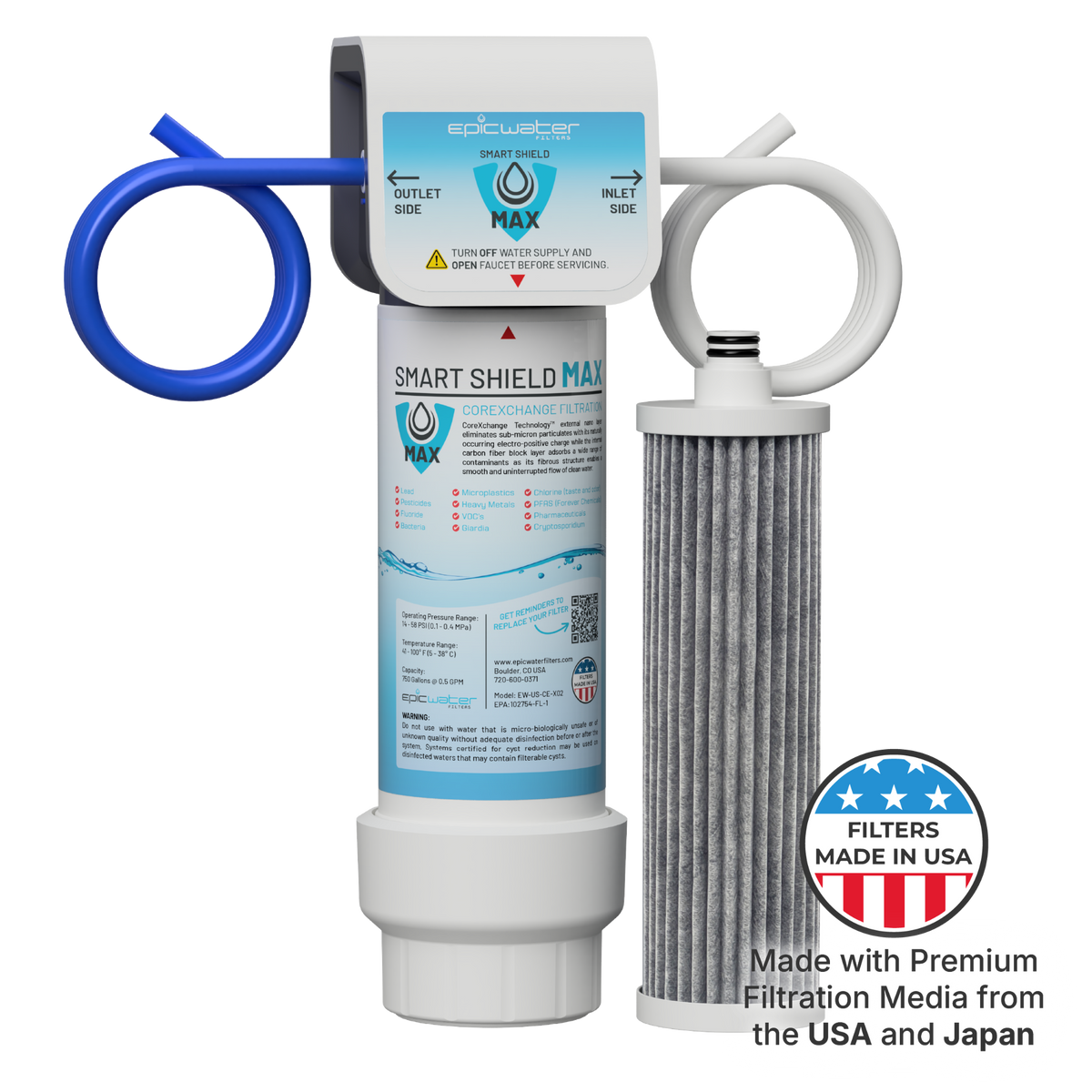 Epic Smart Shield Max under sink water filtration system by Epic Water Filters USA, installed under the sink for clean drinking water.