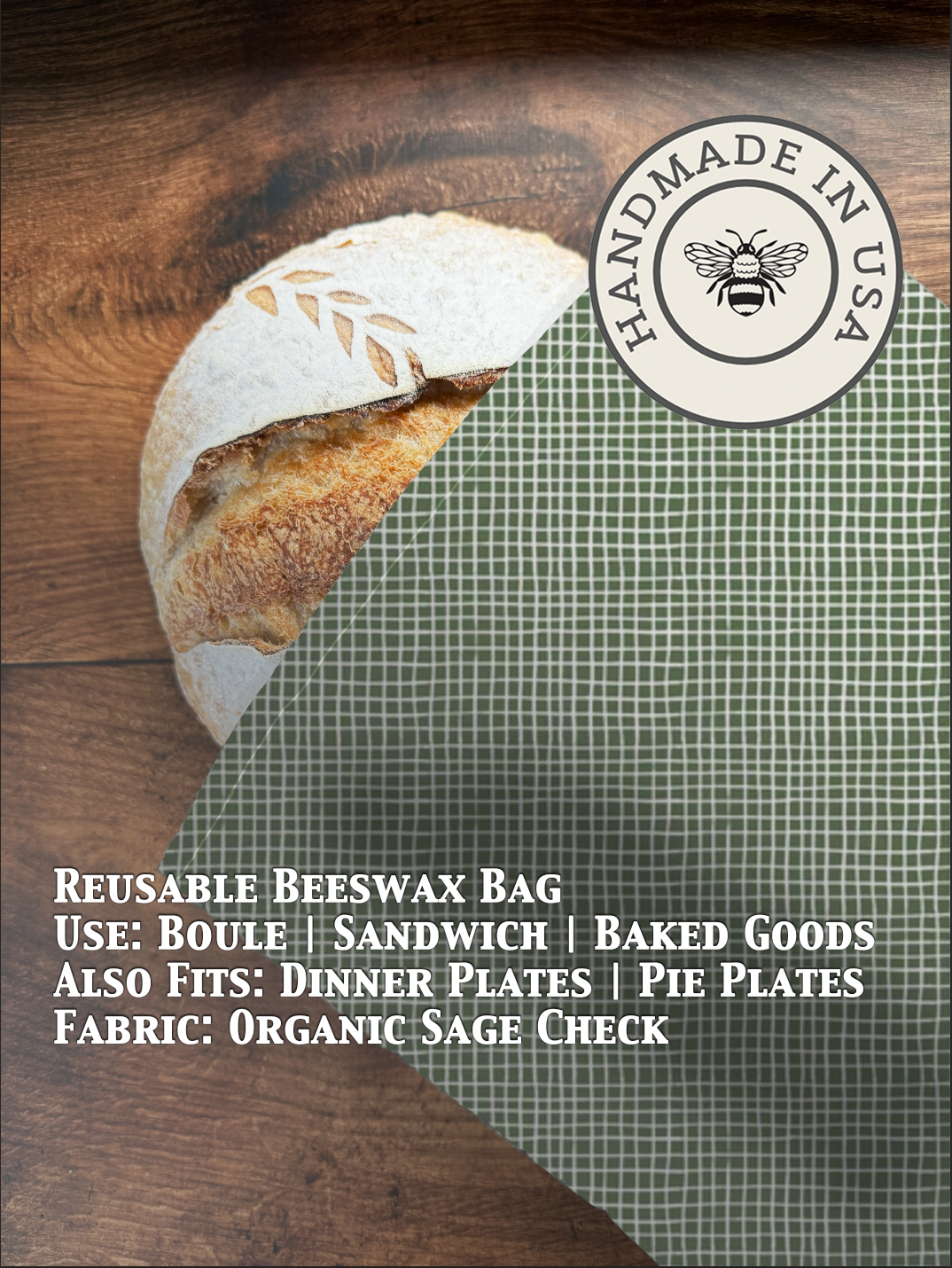 Sage check beeswaxed bread bag from Five Oaks Farm, natural cotton with beeswax coating for storing and transporting bread.