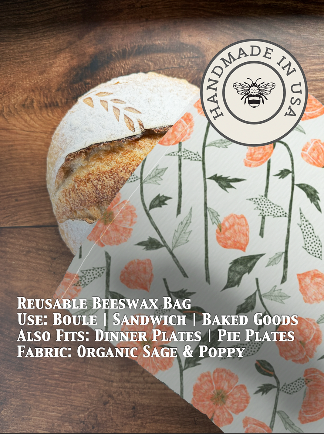 Sage beeswaxed bread bag from Five Oaks Farm, natural fabric with beeswax coating, designed for storing and transporting bread.