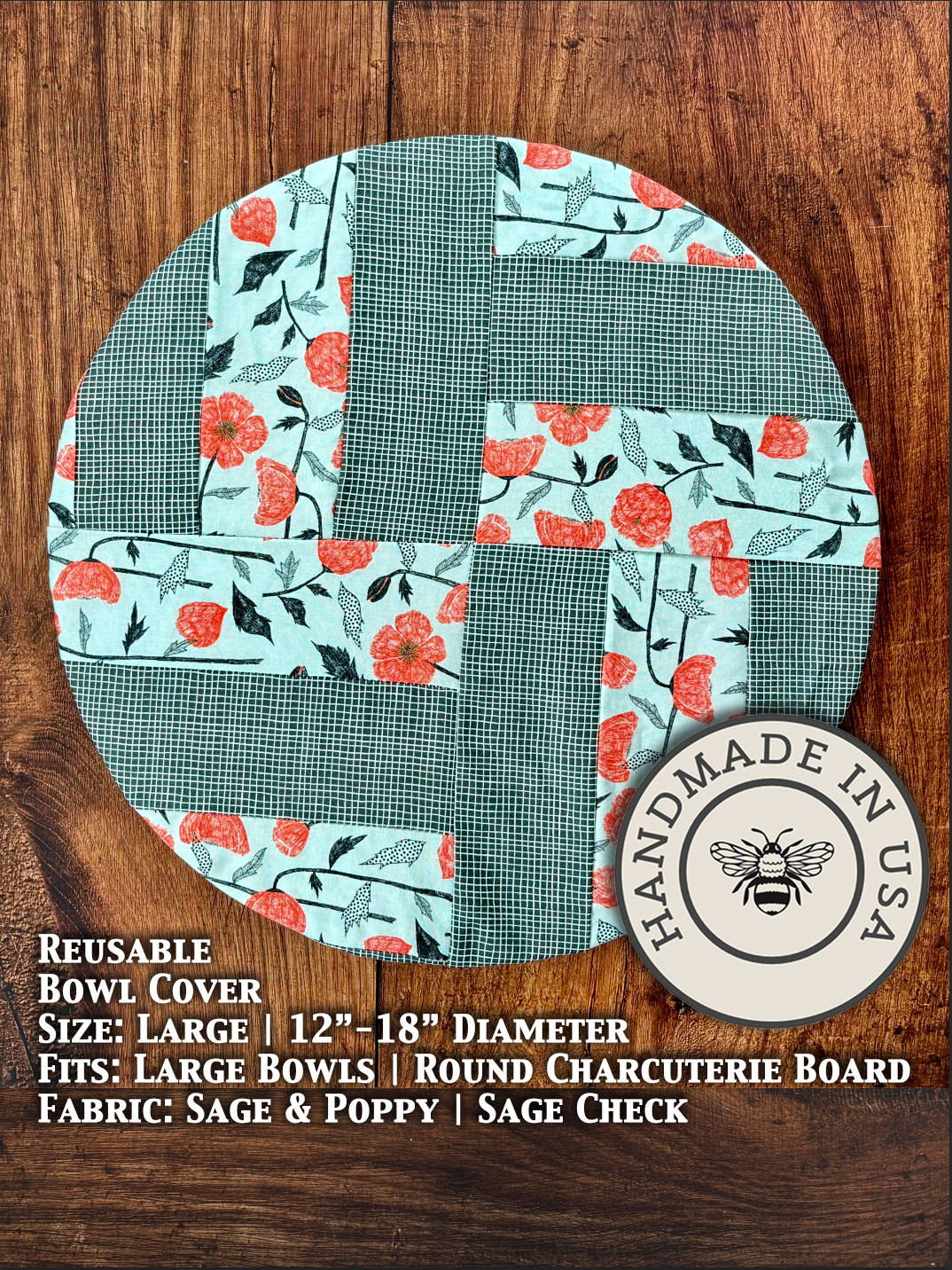 Large Sage and Poppy Check Bowl Cover from Five Oaks Farm, durable fabric with rustic farmhouse style