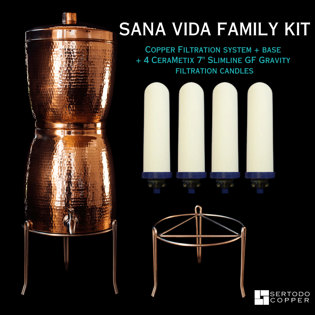 Sana Vida copper water filtration system and family water dispenser by Sertodo, showcasing the copper design and multiple spouts.