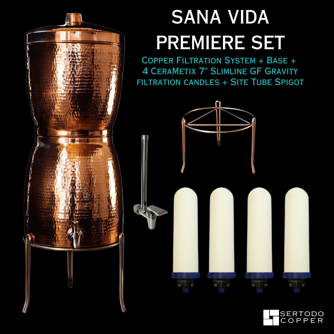 Sana Vida copper water filtration system by Sertodo featuring a sleek water dispenser with copper elements and filtration components.