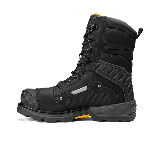 The Chinook® Footwear Scorpion 9” Composite Toe Men’s Waterproof Work Boot in black features a reinforced toe, rugged sole, metal eyelets, black laces, and a padded collar—ideal for tough work environments.