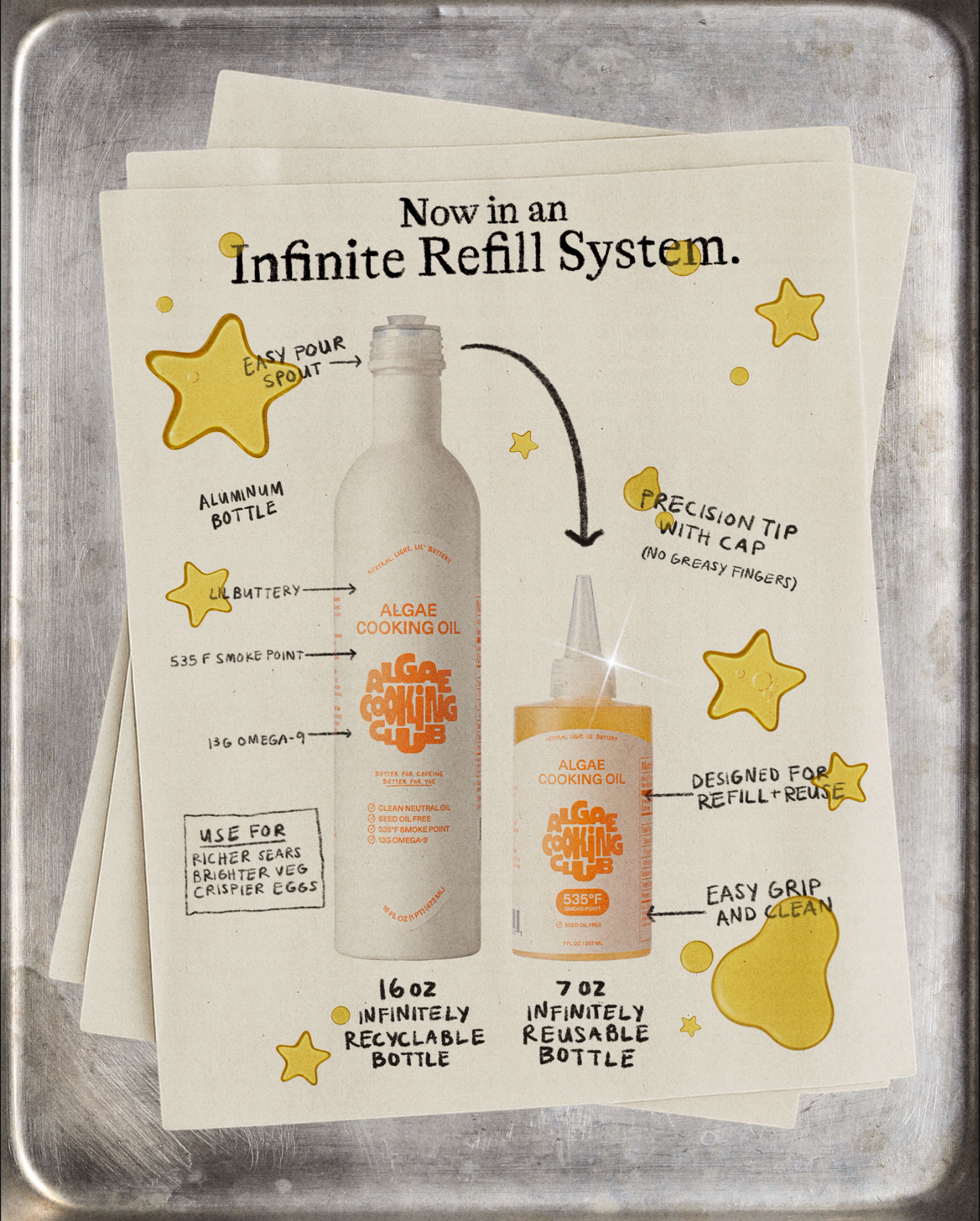 Algae Cooking Club algae cooking oil in a squeeze bottle, showcasing the clear, golden oil suitable for cooking and frying.