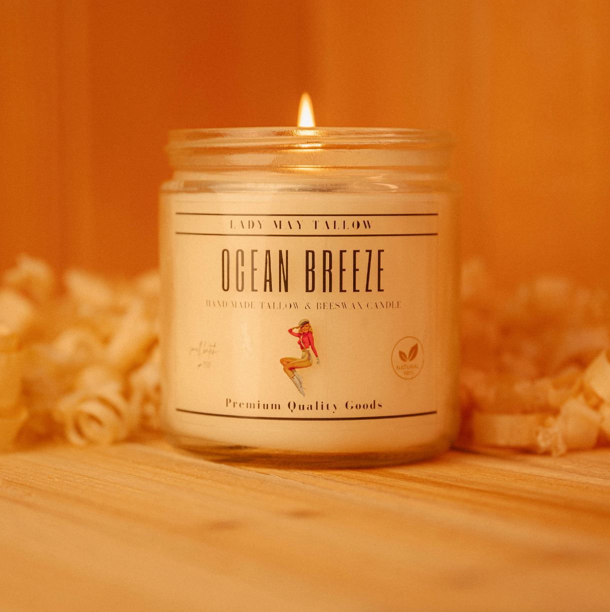 Lady May Tallow Classic Tallow and Beeswax Candle, 16oz, featuring natural scents and clean, non-toxic burn in a cozy setting.