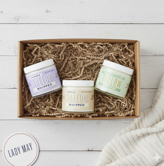 Whipped Tallow Trio - 9oz - Lavender, Vanilla, Eucalyptus Premium Quality All Natural Gift Box by The Lady May - Lady May Tallow ~ Blessings Grow Meadows