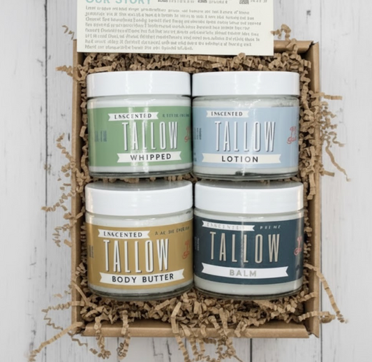 Unscented Tallow Skincare Collection | 4-Piece Gift Set | Grass-Fed Tallow Lotion, Body Butter, Balm & Whipped Moisturizer - The Lady May ~ Blessings Grow Meadows