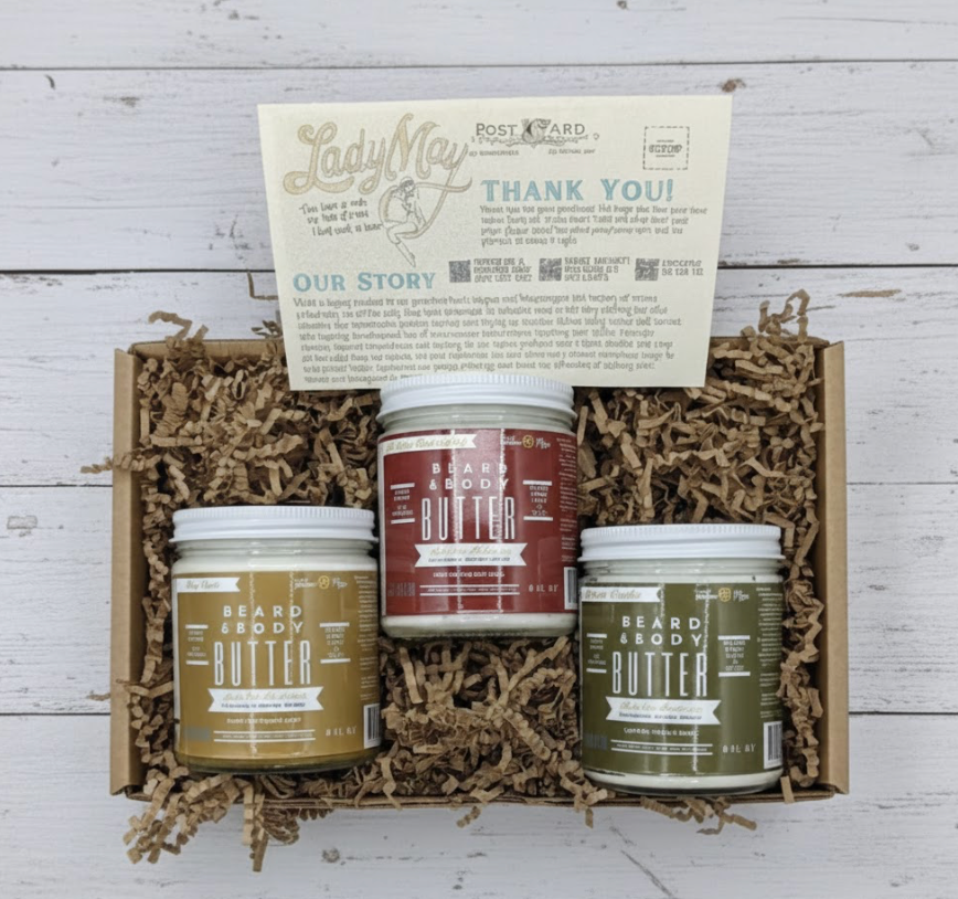 Lady May Tallow men's beard butter trio gift box featuring natural tallow-based beard and body creams in sleek packaging.