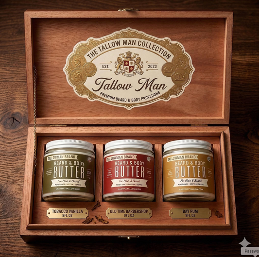 Lady May Tallow beard butter trio gift box with natural tallow, featuring three containers of men's beard grooming body cream.