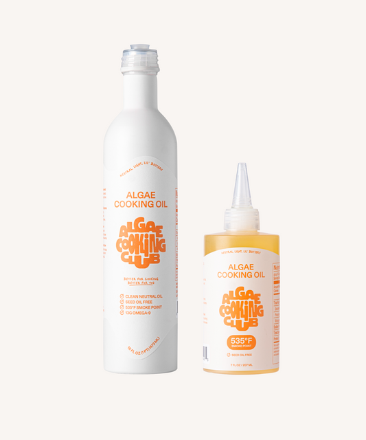 Algae Cooking Club algae cooking oil squeeze bundle in a clear container, ready for cooking or culinary use.