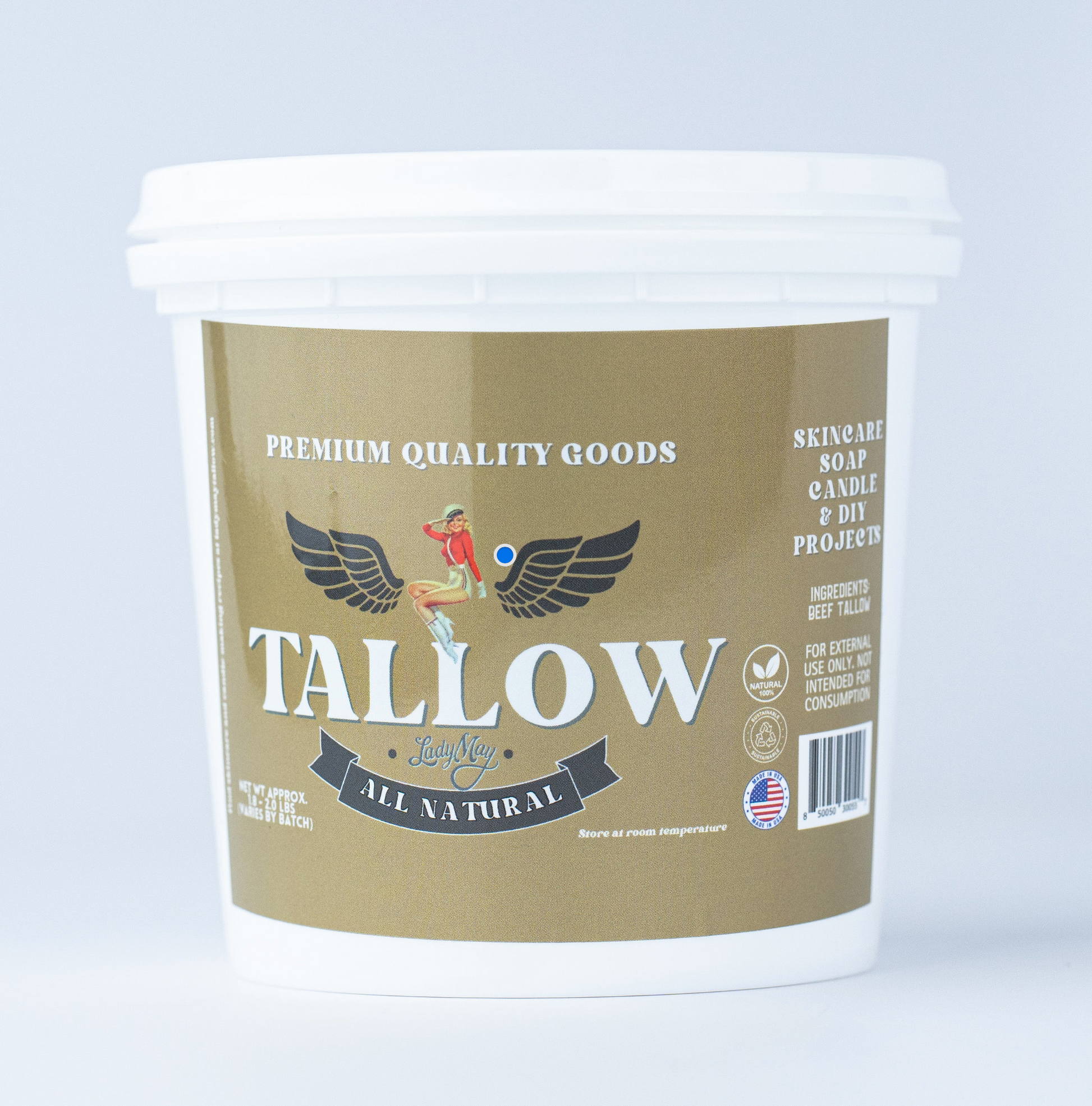 Screenshot of Lady May Tallow unscented bulk beef tallow, 16-pound package, showing the natural, pure beef fat product.