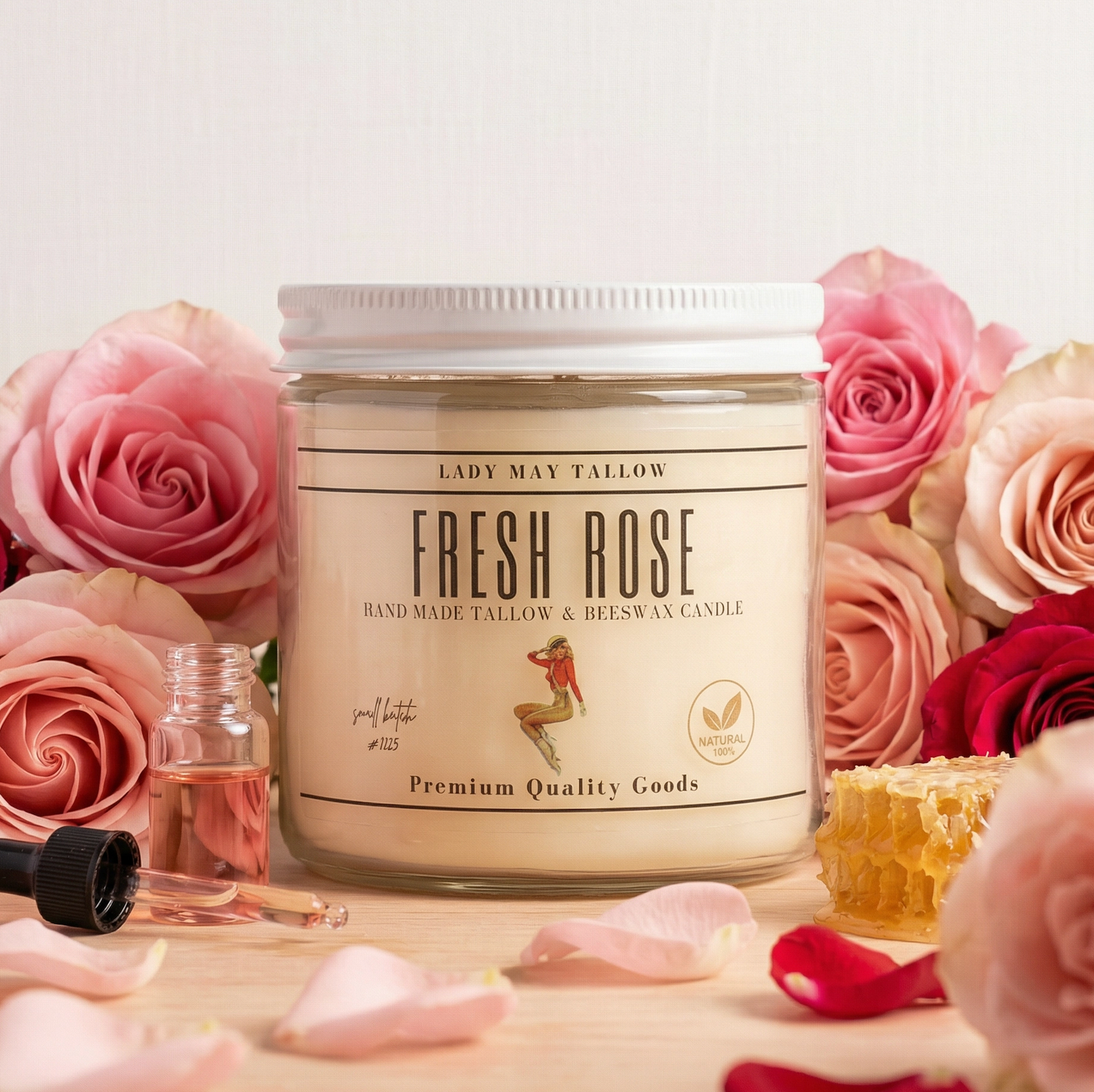 Lady May Tallow Classic Tallow and Beeswax Candle in 16oz jar with natural scents, non-toxic and clean-burning for cozy ambiance.