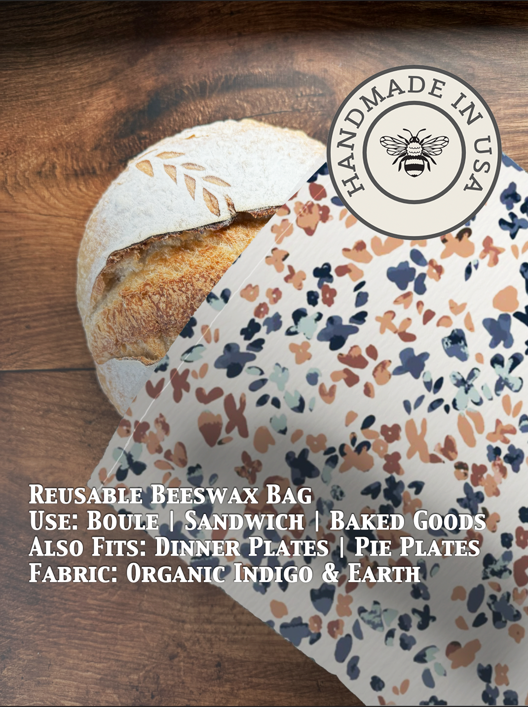 Beeswaxed bread bag from Five Oaks Farm, natural fabric storage container for fresh bread, eco-friendly and reusable.