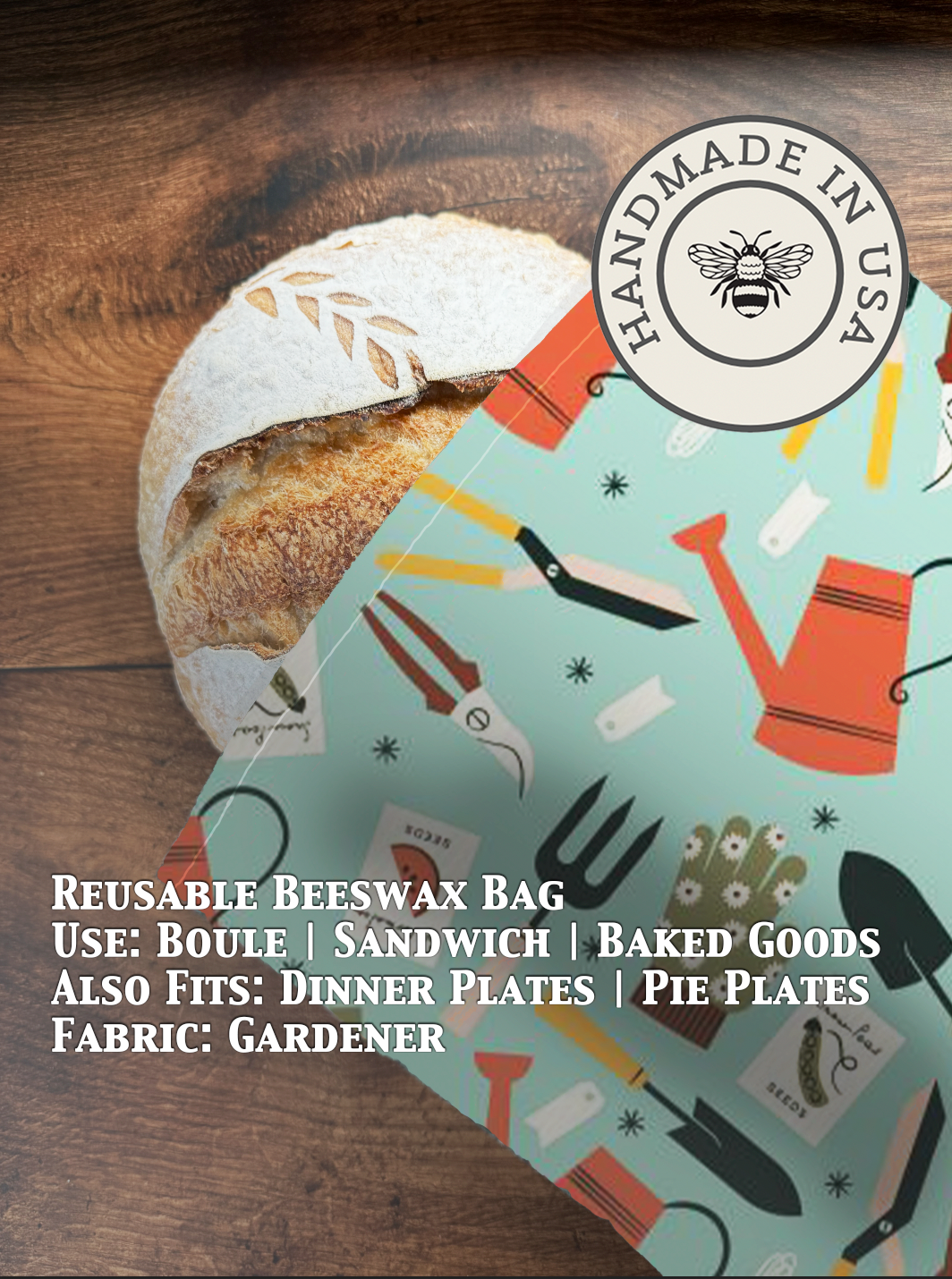 Beeswaxed bread bag from Five Oaks Farm, eco-friendly cloth storage for fresh bread, featuring natural beeswax coating.