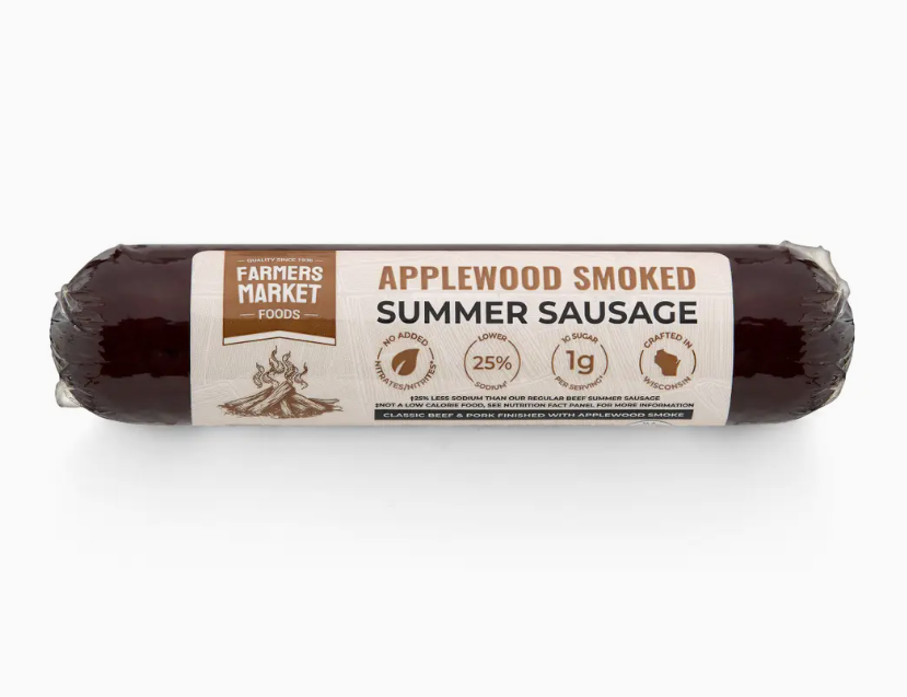 Applewood smoked summer sausage by Pig of the Month BBQ, gluten-free, nitrate-free, keto-friendly BBQ meat on a cutting board.