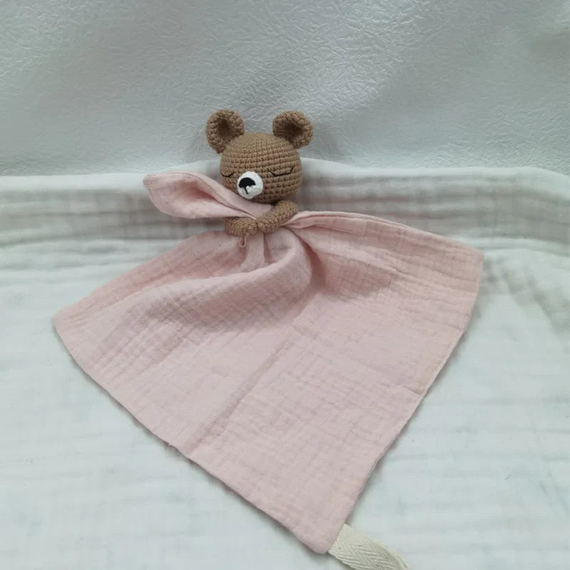 Baby bib with sleeping animals and rattle, soft fabric, colorful design, by Petite Pioneers, perfect for feeding and teething comfort.