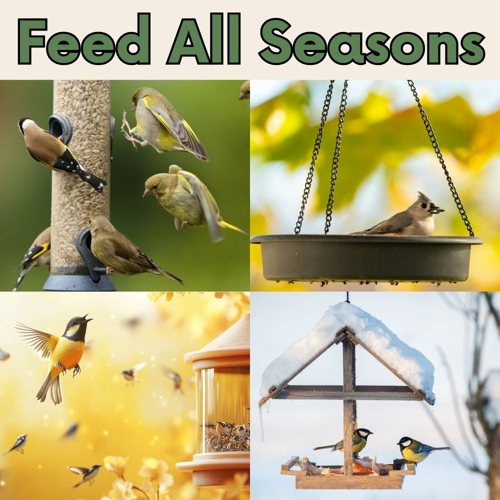 Bird feeder filled with Cardinal & Finch Feast Wild Bird Seed Blend by Flawn Seed Kits, attracting colorful songbirds outdoors.