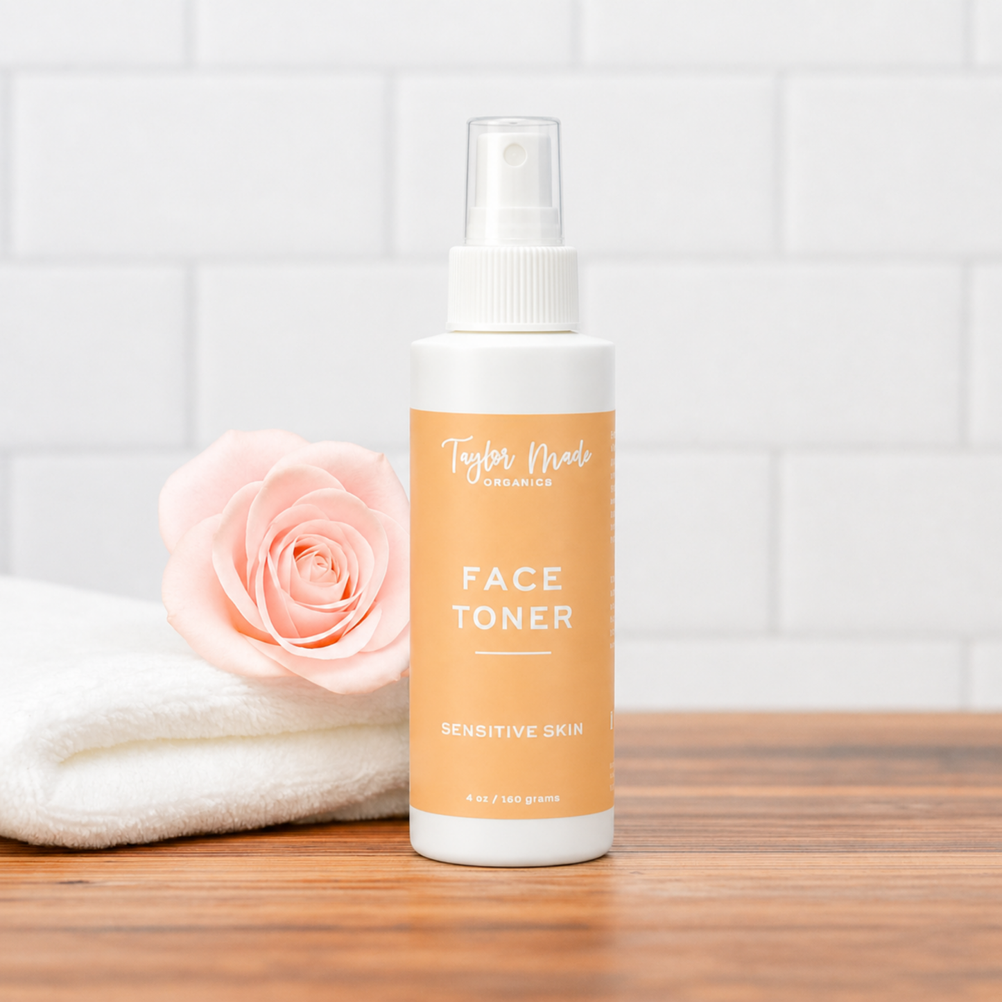 Taylor Made Organics sensitive skin face toner in a clear bottle with a gentle, soothing liquid and a minimalist label.