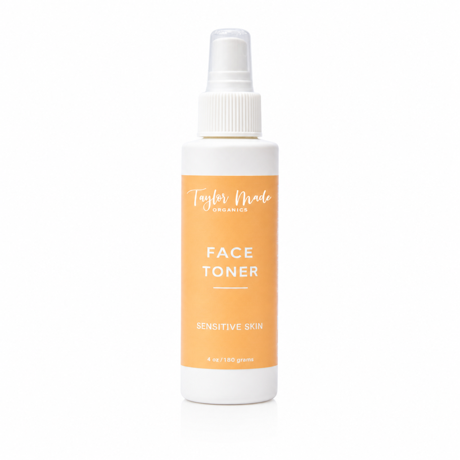 Taylor Made Organics sensitive skin face toner bottle, gentle skincare product for soothing and refreshing facial skin.