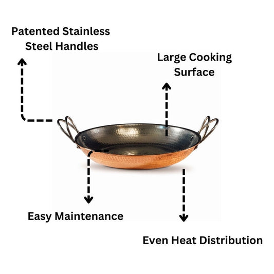 Sertodo Alicante Copper Paella Pan with wide, shallow design perfect for cooking traditional Spanish paella dishes.