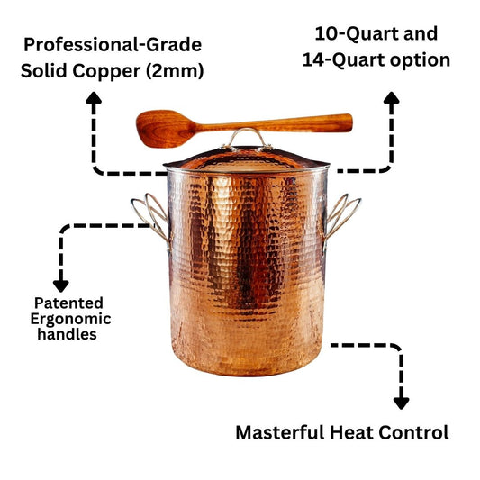 Large copper stock pot by Sertodo with sturdy handles, ideal for cooking and steaming in professional kitchens.