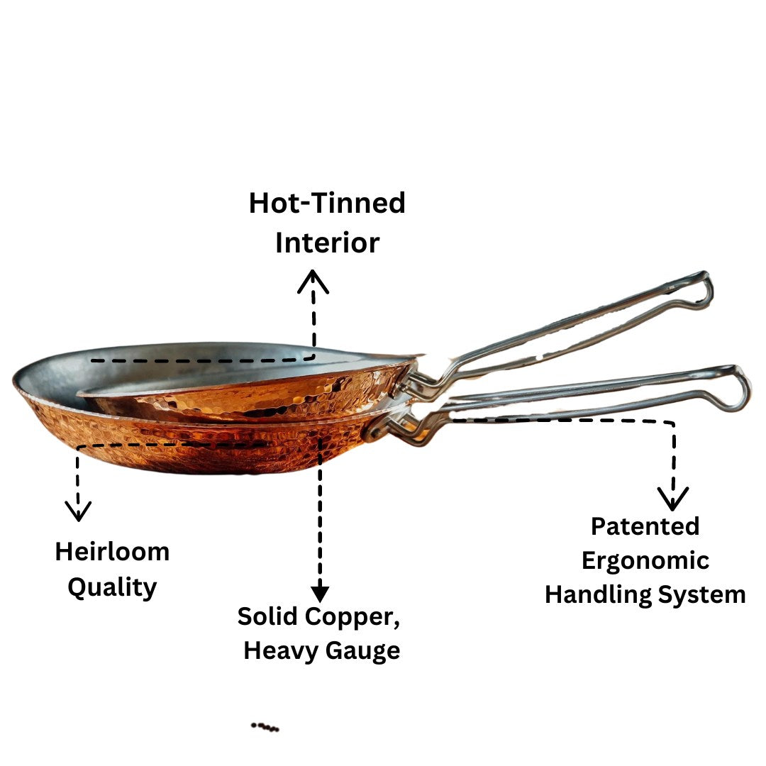 Close-up of Sertodo copper skillet showing its polished exterior and sturdy handle, ideal for versatile cooking and heat distribution.
