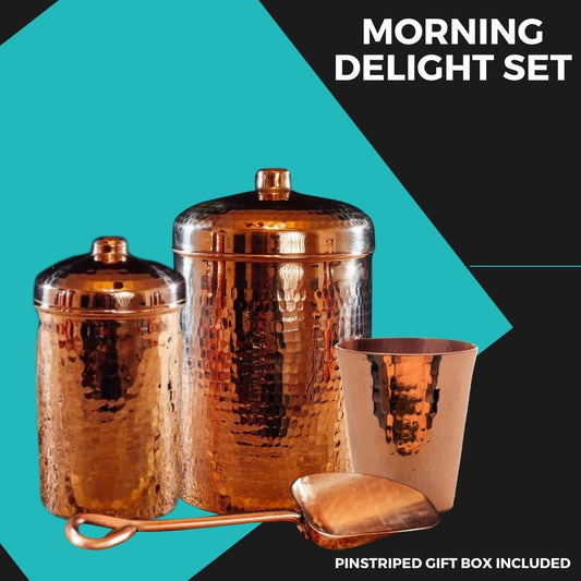 Set of three copper canisters from Sertodo Morning Delight Canister Set with hammered finish, lid tops, and engraved branding.