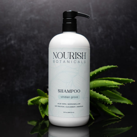 Rustic Strength Aloe Vera Shampoo bottle, 32 oz size, with green label and natural ingredients visible on the label.