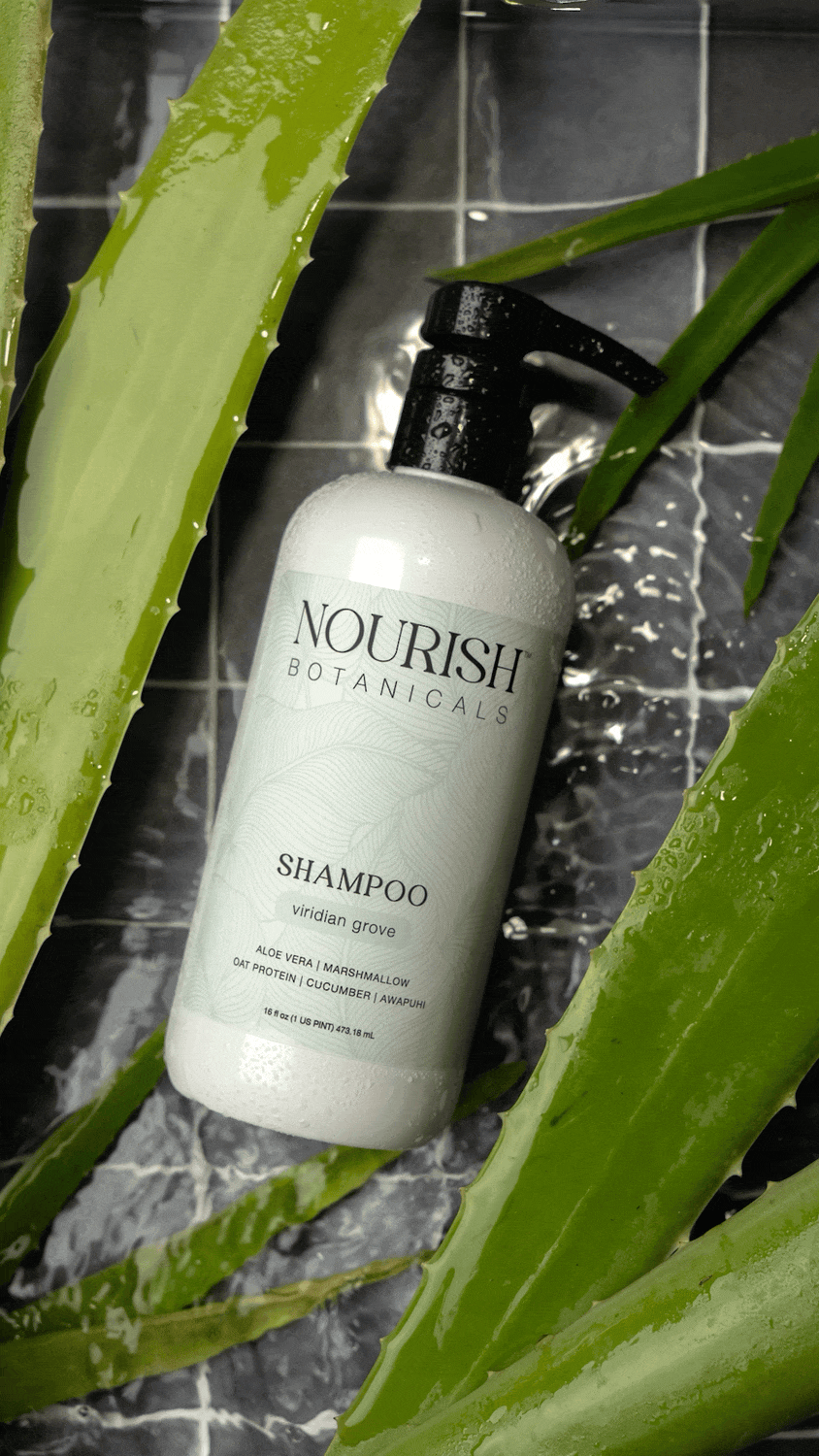 Rustic Strength Aloe Vera Shampoo bottle with green label and a pump dispenser, featuring botanical illustrations and natural ingredients.