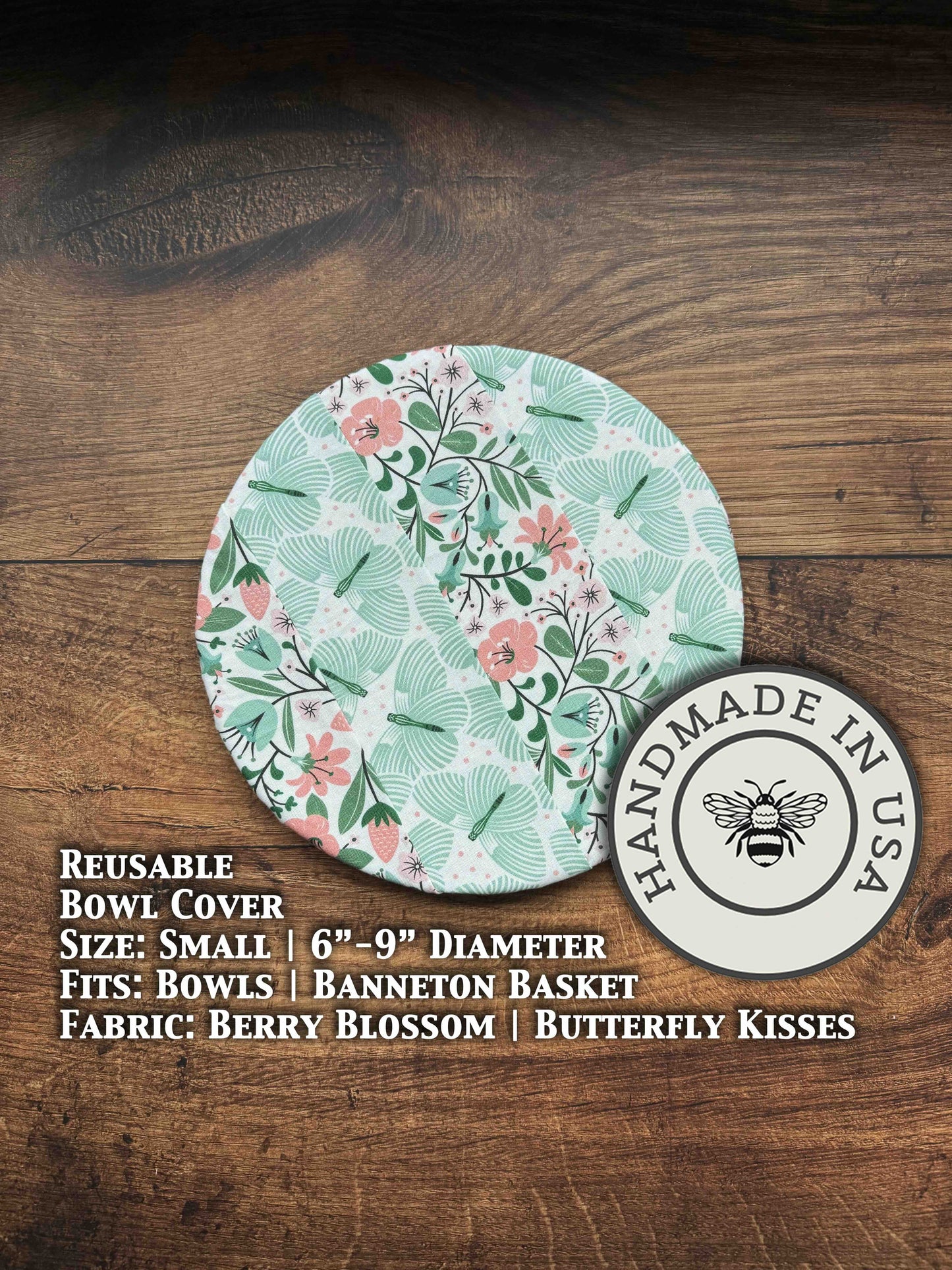 Small berry blossom-themed bowl with Banneton covers from Five Oaks Farm, ideal for bread proofing and kitchen display.