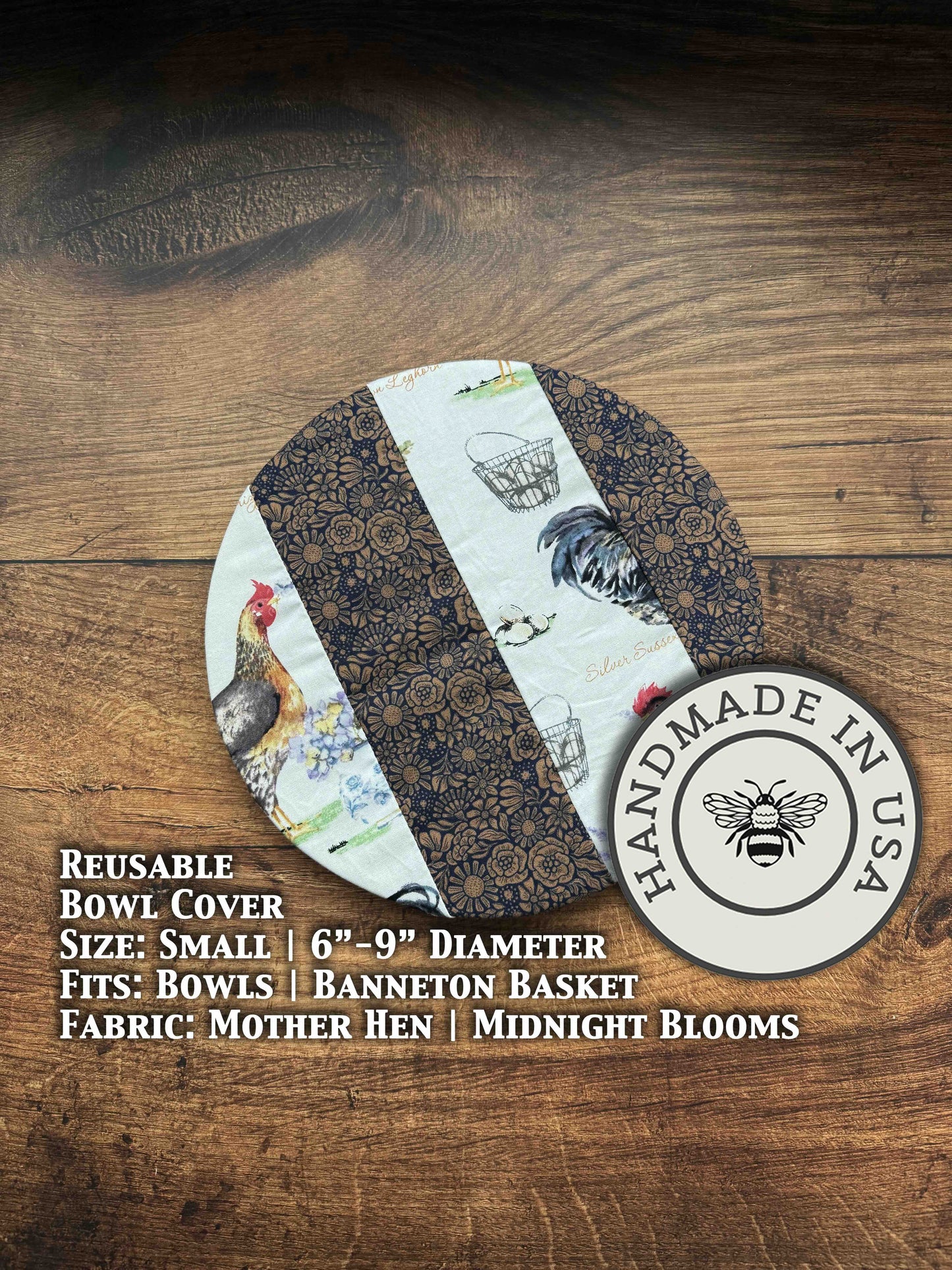 Small bowl and banneton covers from Five Oaks Farm featuring a mother hen design, suitable for bread baking and proofing.