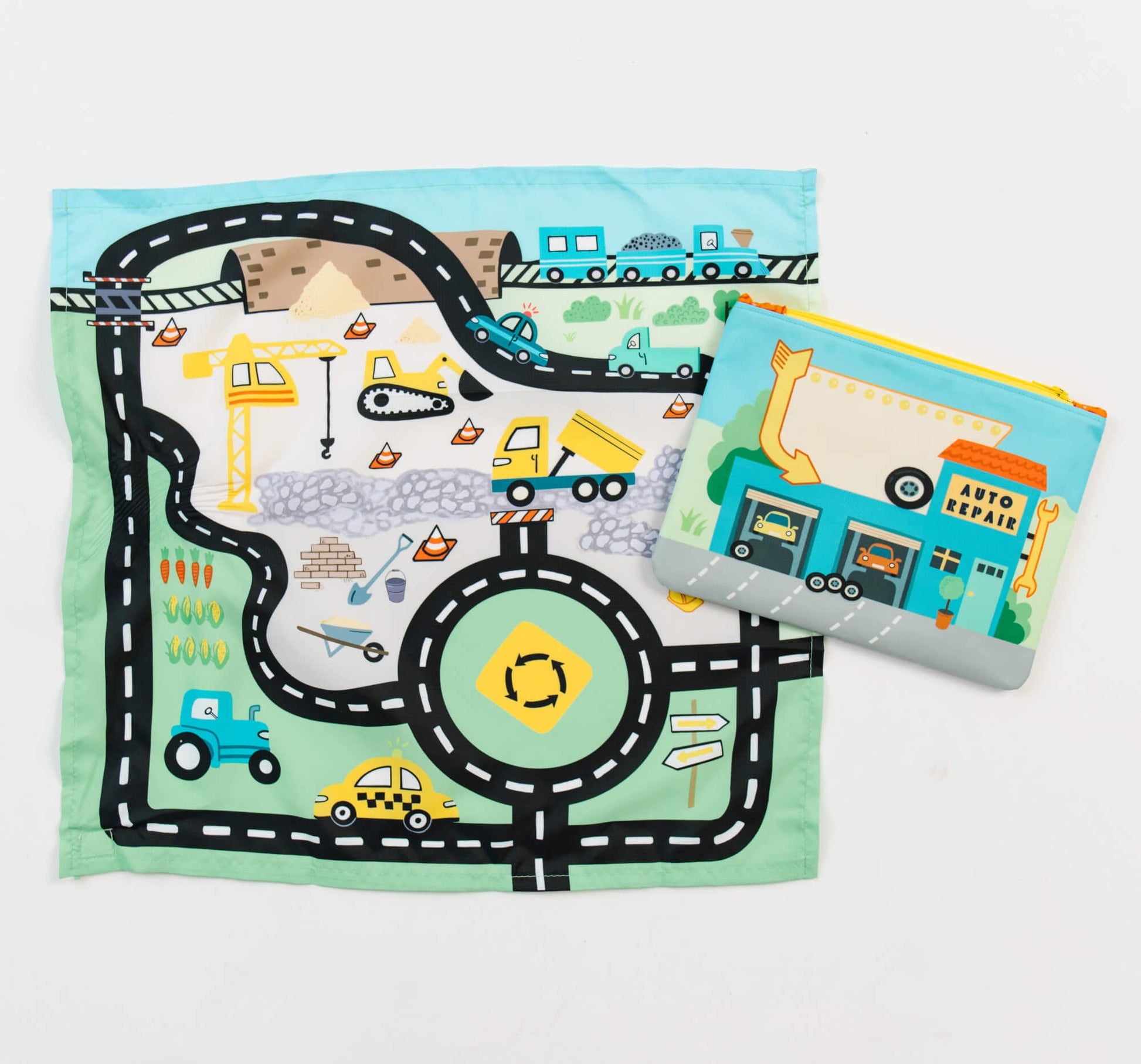 Colorful toy car playmat and pouch by So Handmade Shop, featuring a vibrant road design for kids' travel entertainment.
