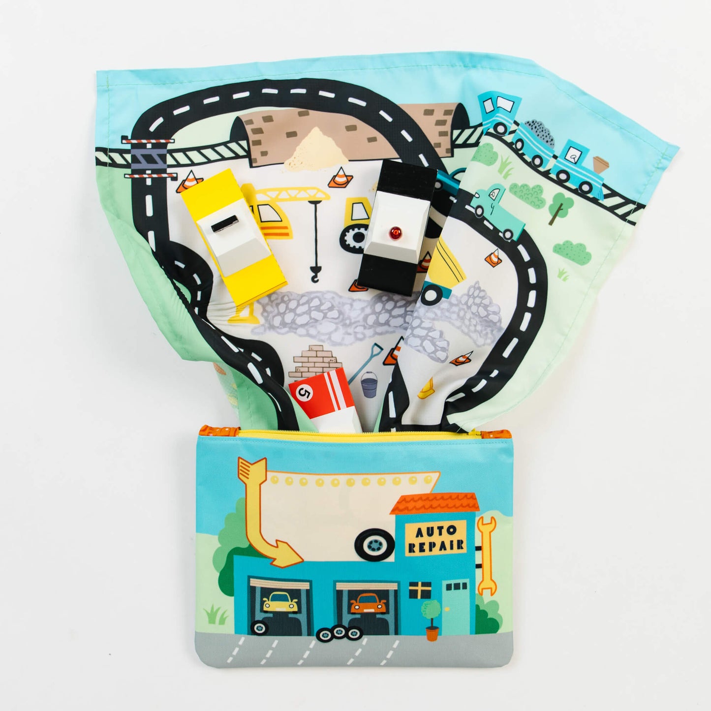 Colorful toy car playmat and pouch by So Handmade Shop, featuring roads and city scenes for children's travel entertainment.