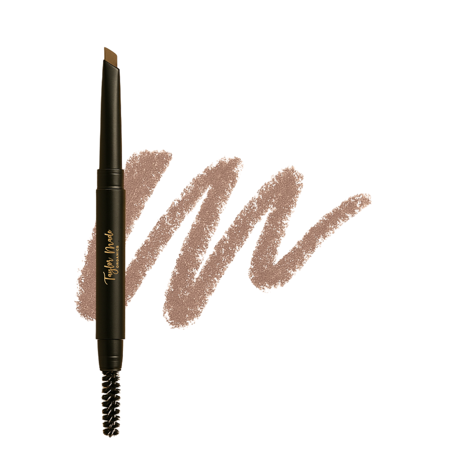 Soft taupe Taylor Made Organics retractable brow pencil swatch showing natural, precise brow enhancer for defined eyebrows.