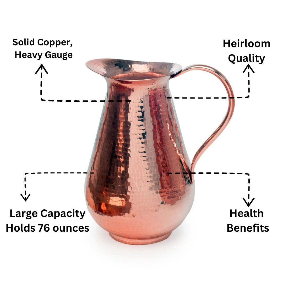 Sertodo Bisotun copper water pitcher with a polished finish, traditional design, and sturdy handle for serving beverages.
