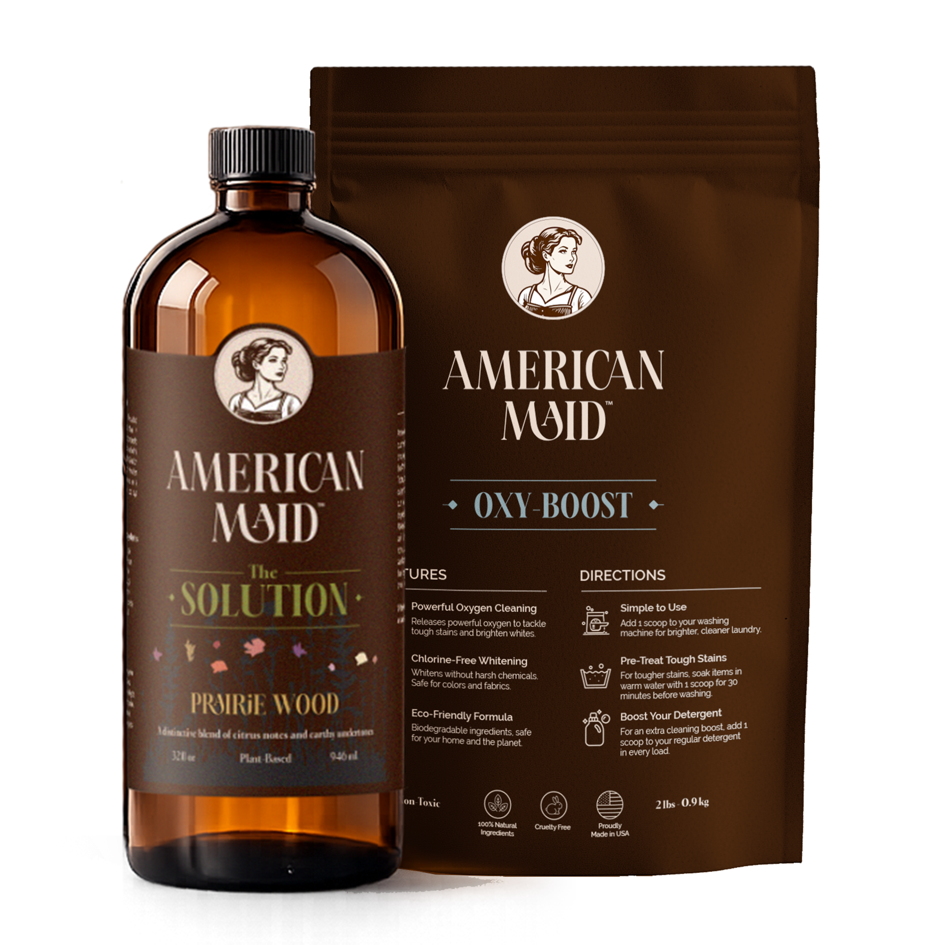 American Maid Laundry Essentials Kit includes Oxy solution in a clear bottle, ideal for stain removal and brightening laundry.