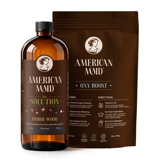 American Maid Laundry Essentials Kit includes Oxy solution in a clear bottle, ideal for stain removal and brightening laundry.
