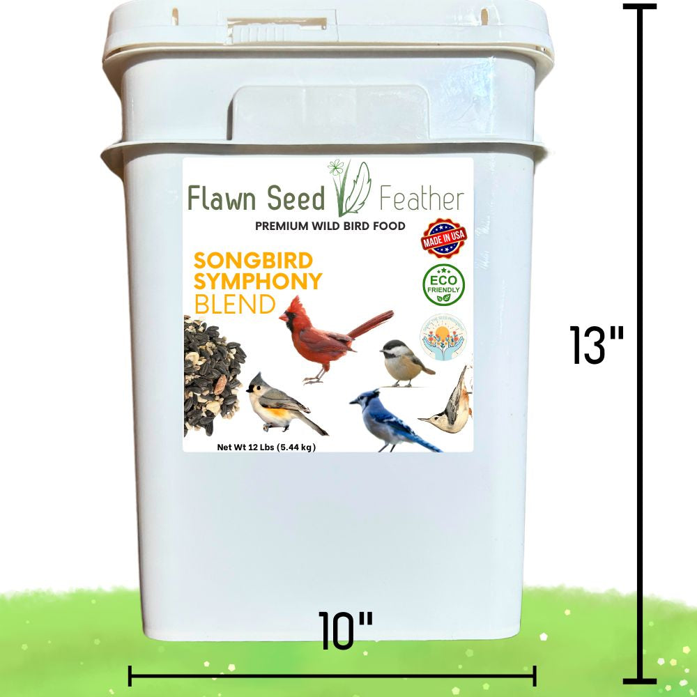 12lb pail of Flawn Seed Kits Songbird Symphony Wild Bird Seed Blend for attracting and feeding wild birds.