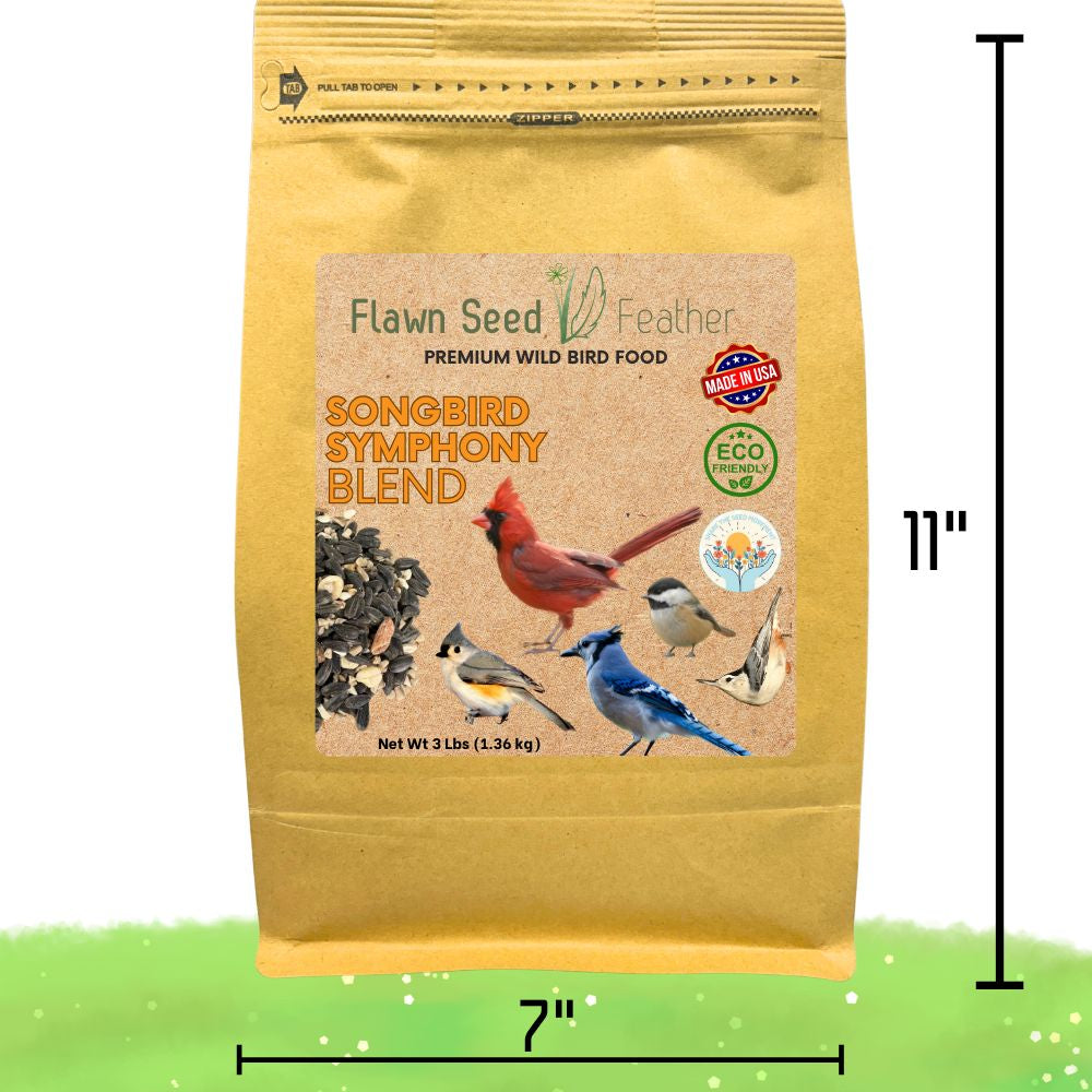 3lb pouch of Flawn Seed Kits Songbird Symphony Wild Bird Seed Blend showing colorful mixed bird seeds in a resealable pouch