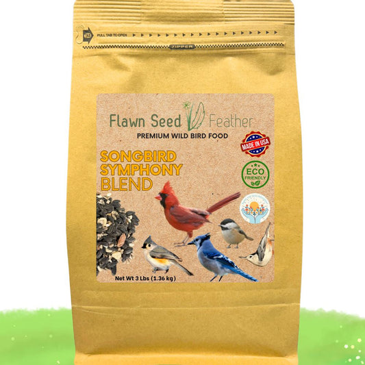 Three-pound pouch of Flawn Seed Kits Songbird Symphony wild bird seed blend for attracting and feeding songbirds.