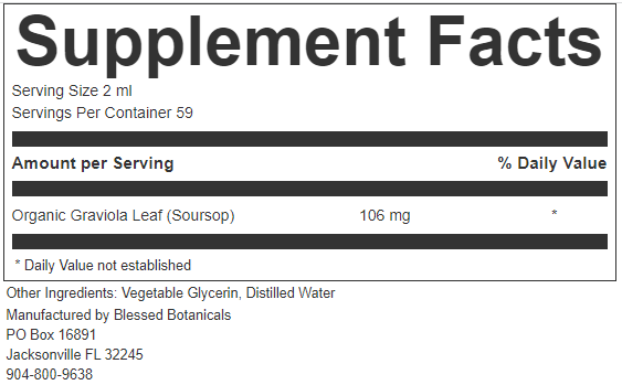 Organic soursop supplement extract from Blessed Botanicals, featuring fresh soursop fruit and leaves for health benefits.