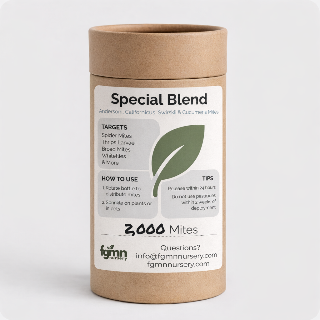 FGMN Nursery Special Blend Predatory Mite Treatment bottles used for pest control in agricultural or garden settings.