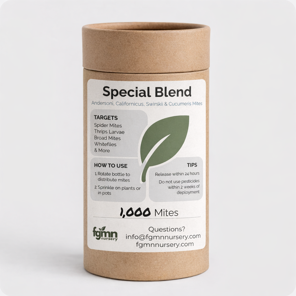 FGMN Nursery Special Blend Predatory Mite Mix Treatment bottle with labeled contents and clear packaging for pest control.