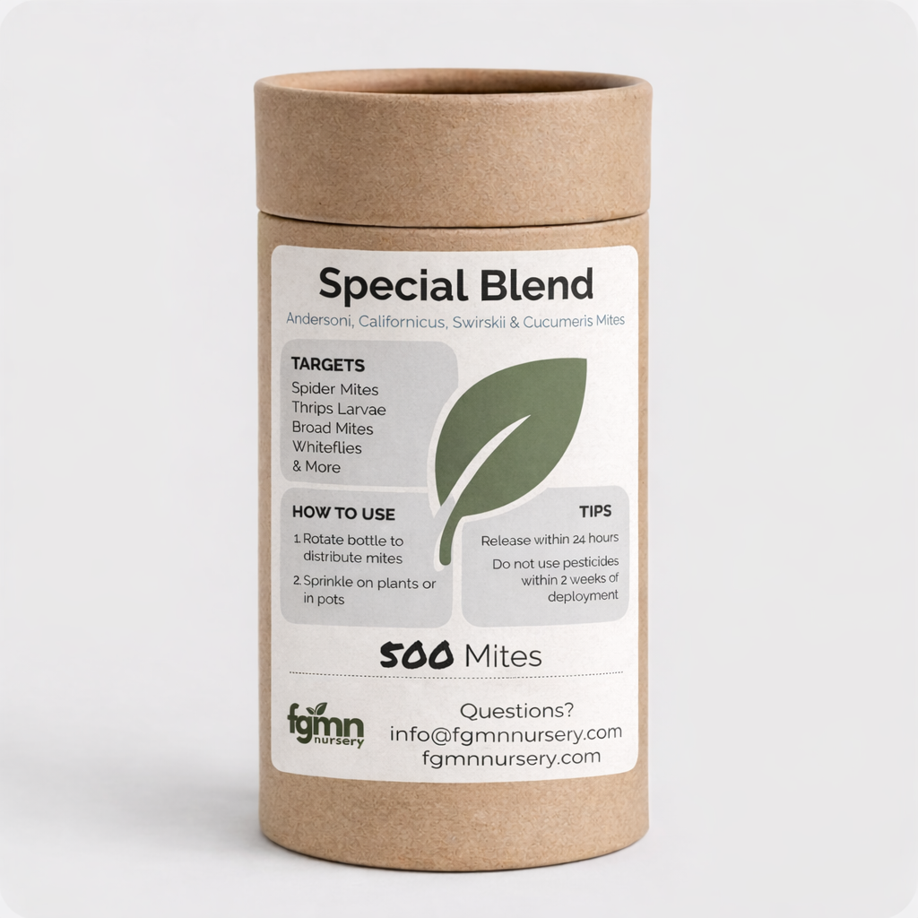 FGMN Nursery Special Blend Predatory Mite Treatment Bottles for pest control, featuring clear bottles with labels and mite solution.