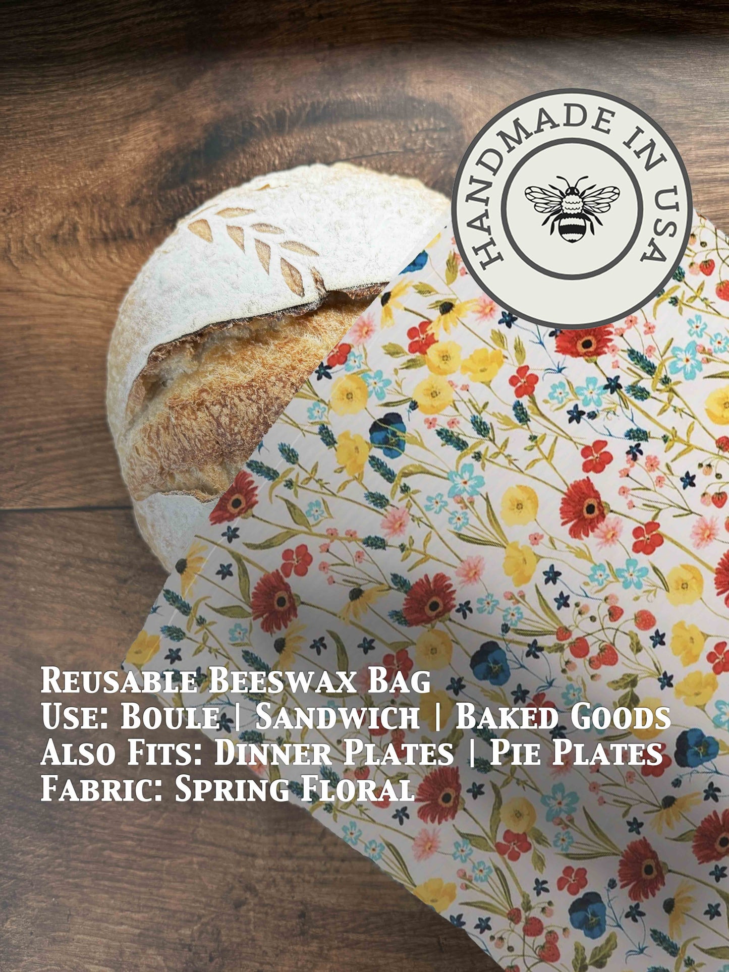 Beeswaxed bread bag from Five Oaks Farm with spring floral design, natural cotton exterior for storing bread.