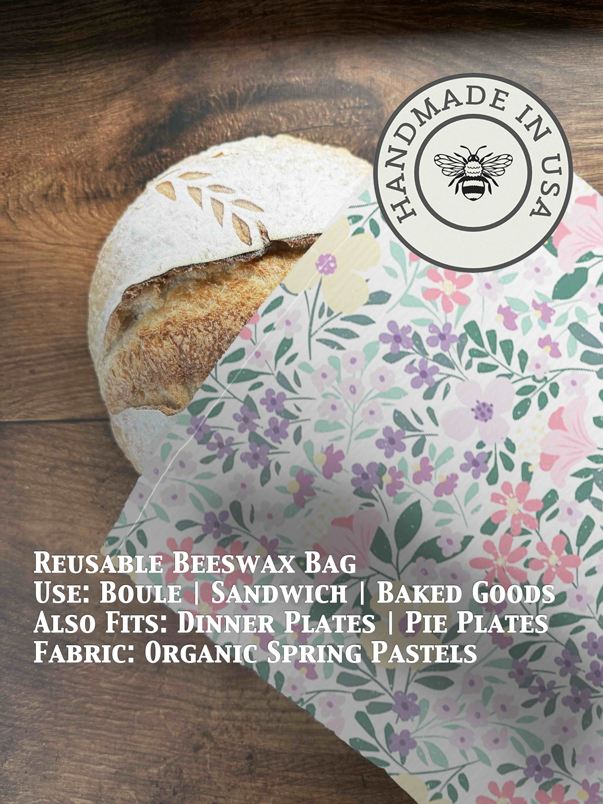 Beeswaxed bread bag from Five Oaks Farm with pastel spring colors, breathable fabric, and natural beeswax coating for fresh bread storage.
