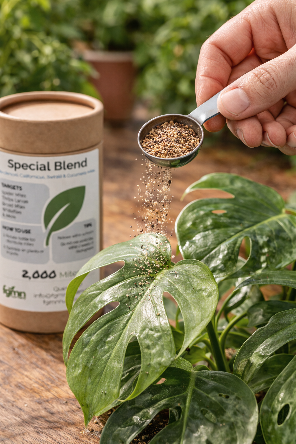 FGMN Nursery Special Blend Predatory Mite Treatment bottles being sprinkled onto a Monstera plant for pest control.