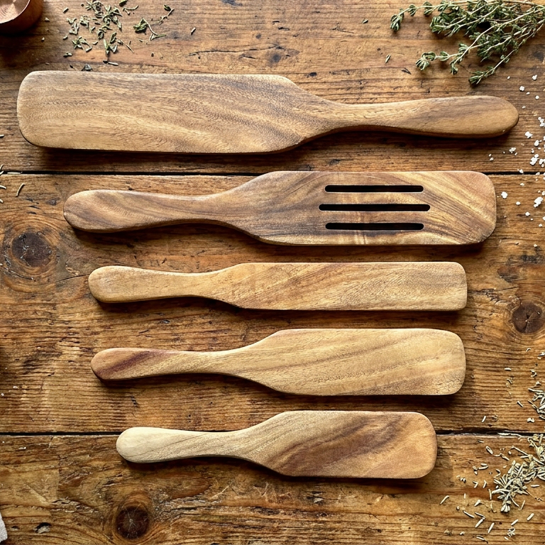 Set of five Five Oaks Farm Spurtles, traditional wooden cooking utensils for stirring and serving in the kitchen.