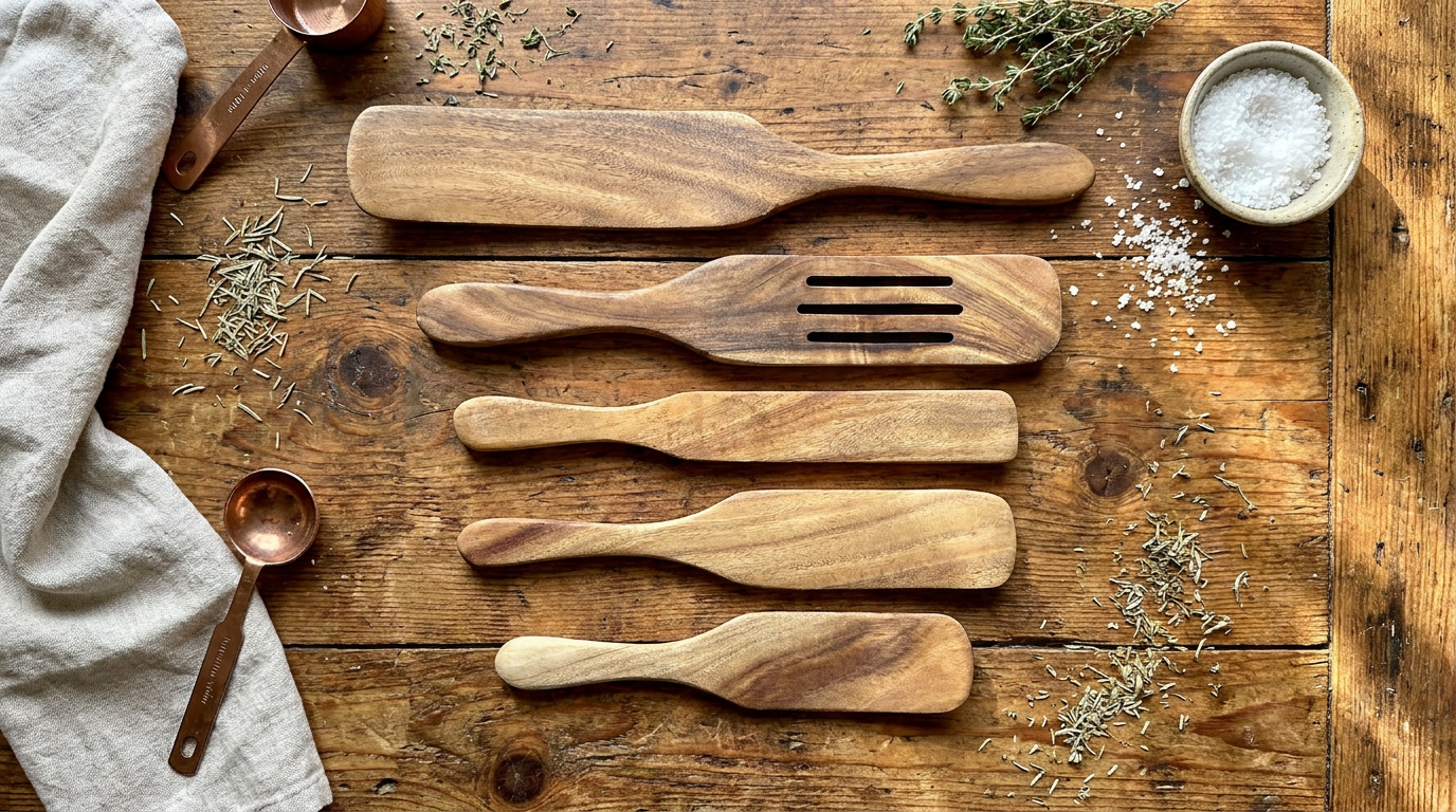 Five Oaks Farm Spurtle from the Farm, natural wooden kitchen utensil with a smooth handle and flat stirring end.