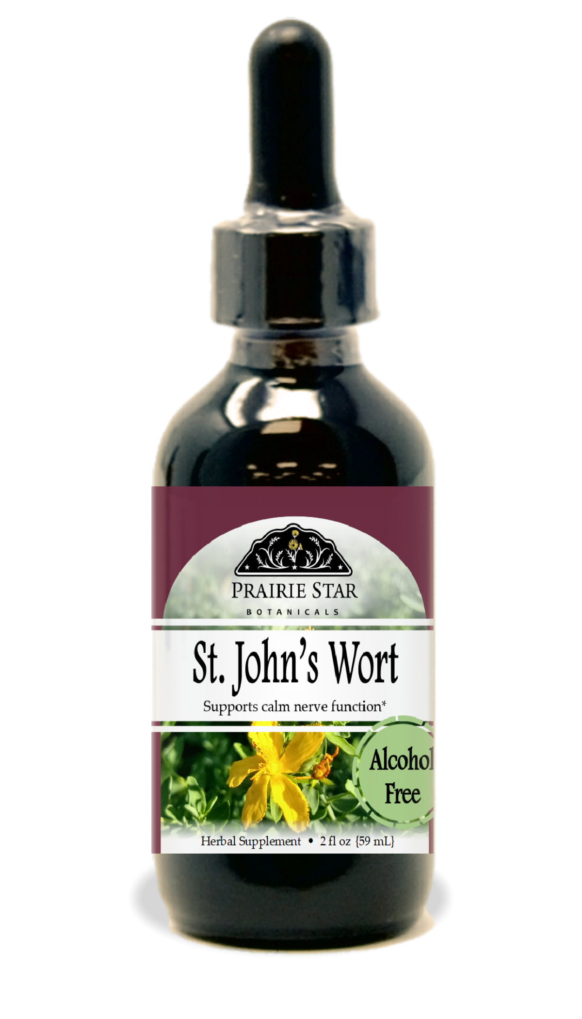 Prairie Star Botanicals St. John's Wort singles in a glass jar, showing vibrant yellow flowers and green leaves.